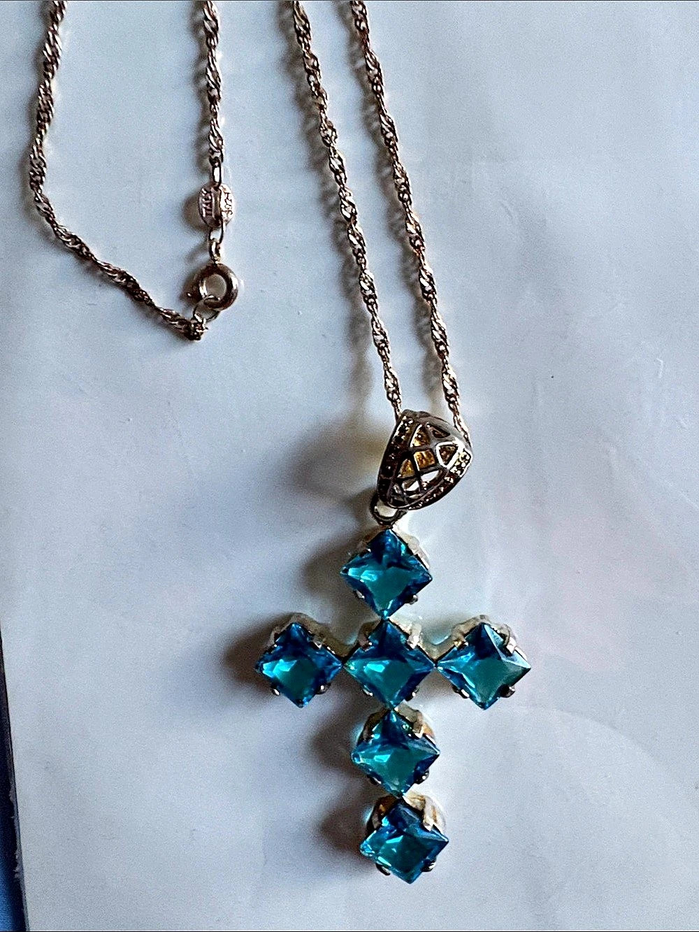Blue Crystal Cross Pendant Necklace sterling Italy chain 925 cross